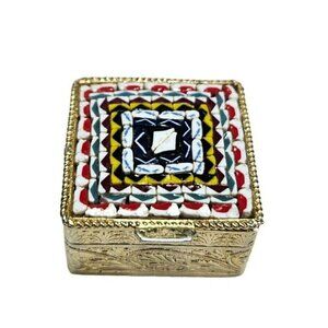 Vintage Ornate Trinket Pill Box Intricate Mosac Tile Filigree Detail Italy‎